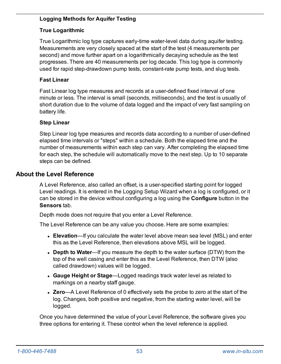 Logging methods for aquifer testing, True logarithmic, Fast linear | Step linear, About the level reference | In-Situ Level TROLL 400/500/700/700H Operators Manual User Manual | Page 53 / 83