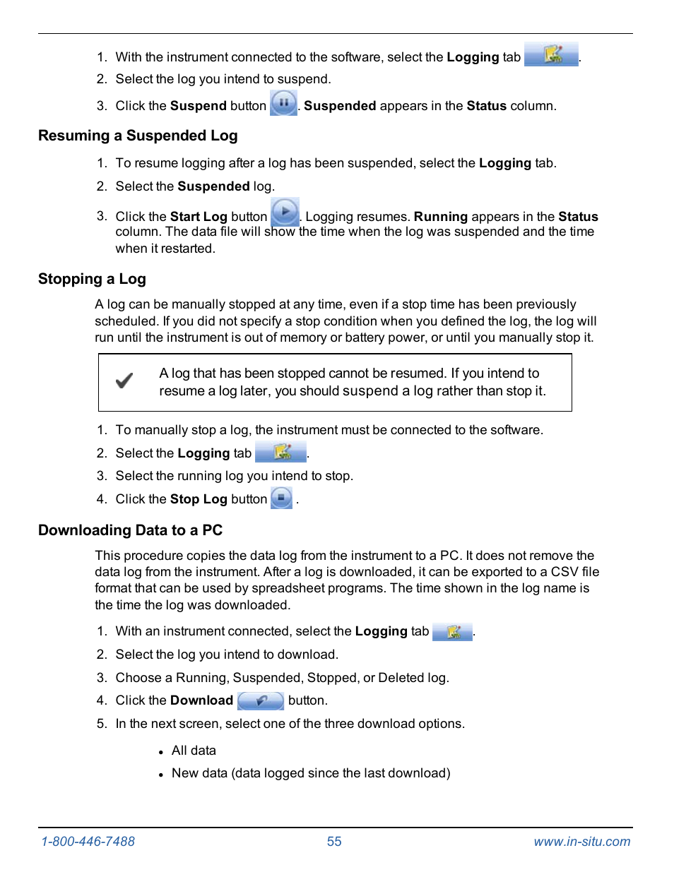 Resuming a suspended log, Stopping a log, Downloading data to a pc | In-Situ Level TROLL 400/500/700/700H Operators Manual User Manual | Page 55 / 83