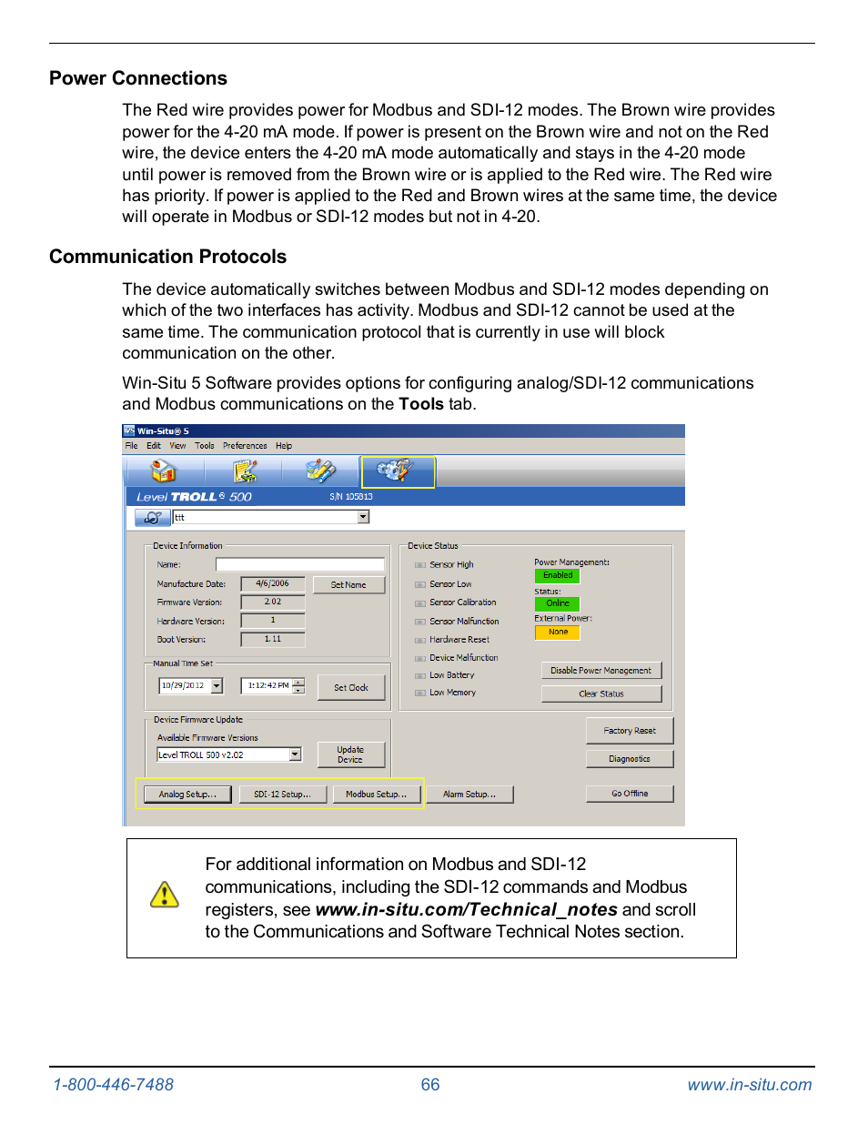 Power connections, Communication protocols | In-Situ Level TROLL 400/500/700/700H Operators Manual User Manual | Page 66 / 83