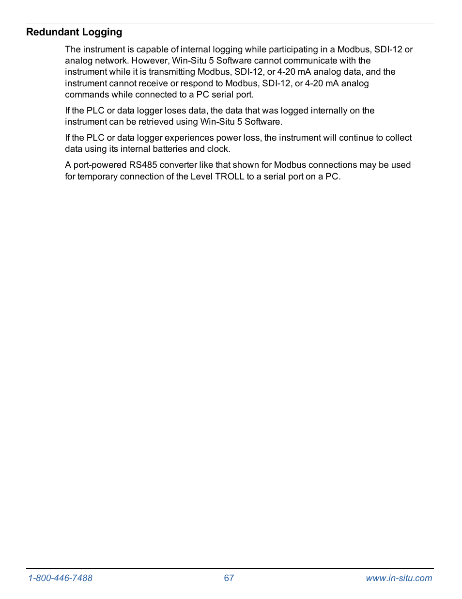 Redundant logging | In-Situ Level TROLL 400/500/700/700H Operators Manual User Manual | Page 67 / 83