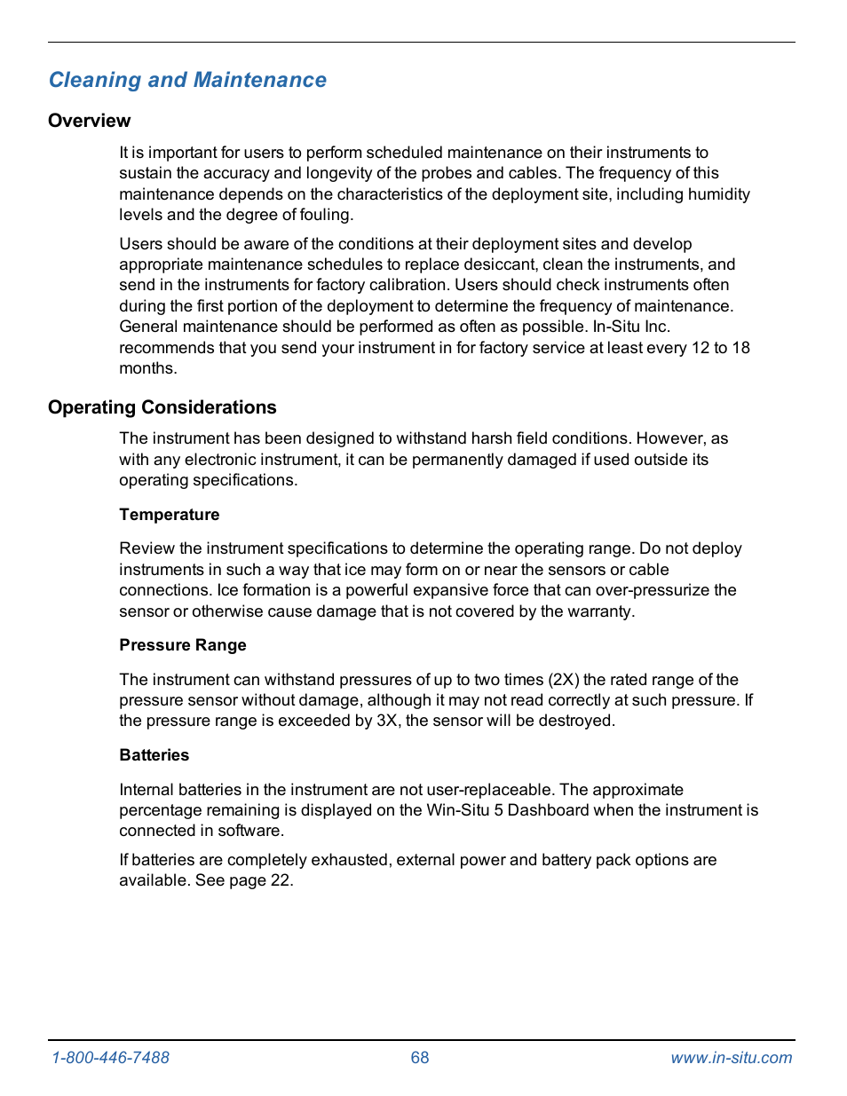 10 cleaning and maintenance, Overview, Operating considerations | Temperature, Pressure range, Batteries, Cleaning and maintenance | In-Situ Level TROLL 400/500/700/700H Operators Manual User Manual | Page 68 / 83