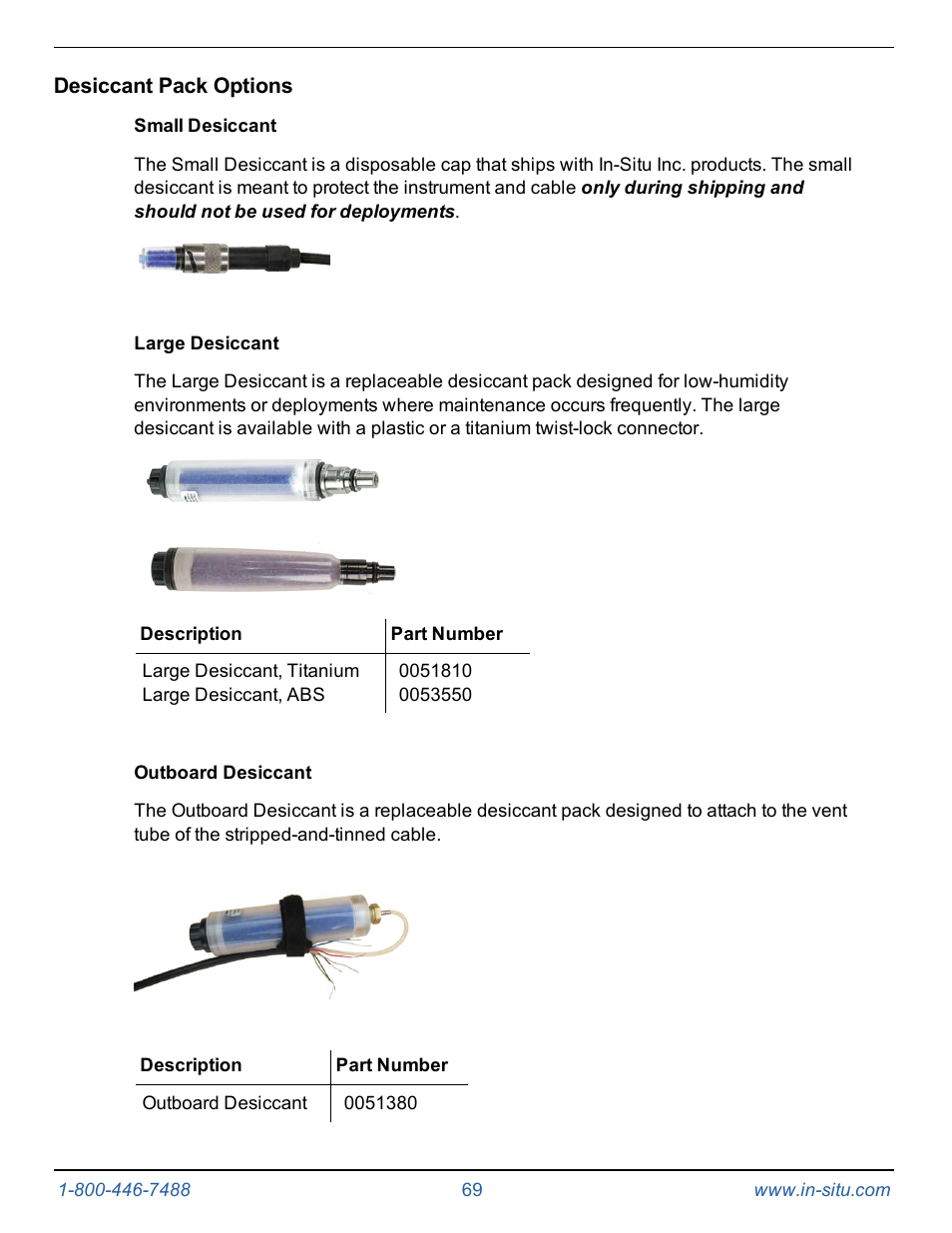 Desiccant pack options, Small desiccant, Large desiccant | Outboard desiccant | In-Situ Level TROLL 400/500/700/700H Operators Manual User Manual | Page 69 / 83