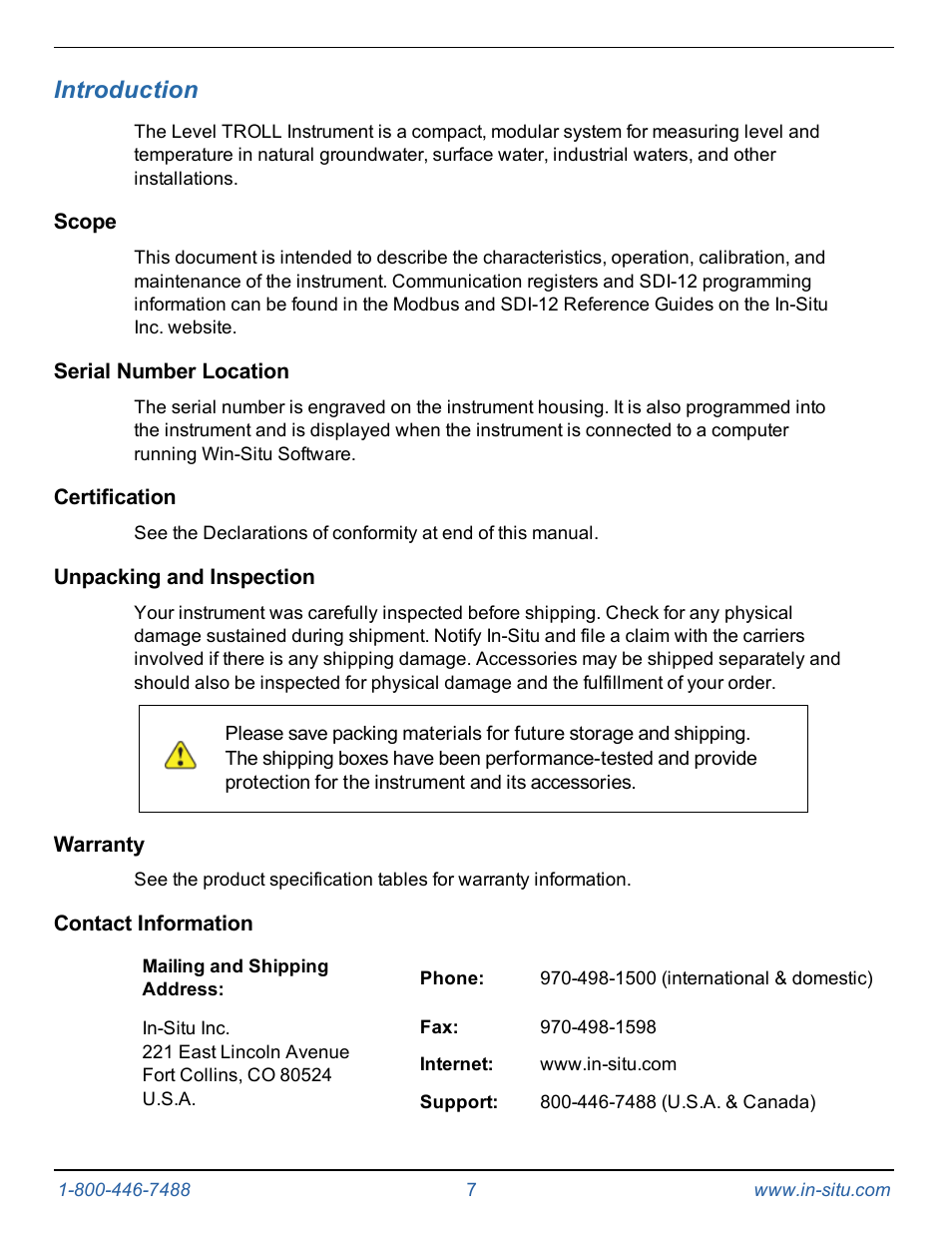 1 introduction, Scope, Serial number location | Certification, Unpacking and inspection, Warranty, Contact information, Introduction | In-Situ Level TROLL 400/500/700/700H Operators Manual User Manual | Page 7 / 83