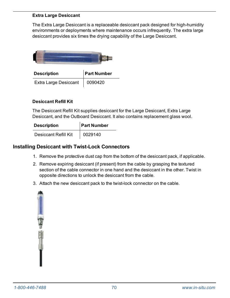 Extra large desiccant, Desiccant refill kit, Installing desiccant with twist-lock connectors | In-Situ Level TROLL 400/500/700/700H Operators Manual User Manual | Page 70 / 83