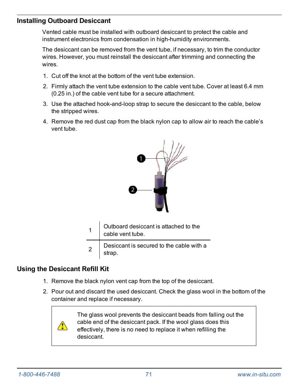 Installing outboard desiccant, Using the desiccant refill kit | In-Situ Level TROLL 400/500/700/700H Operators Manual User Manual | Page 71 / 83