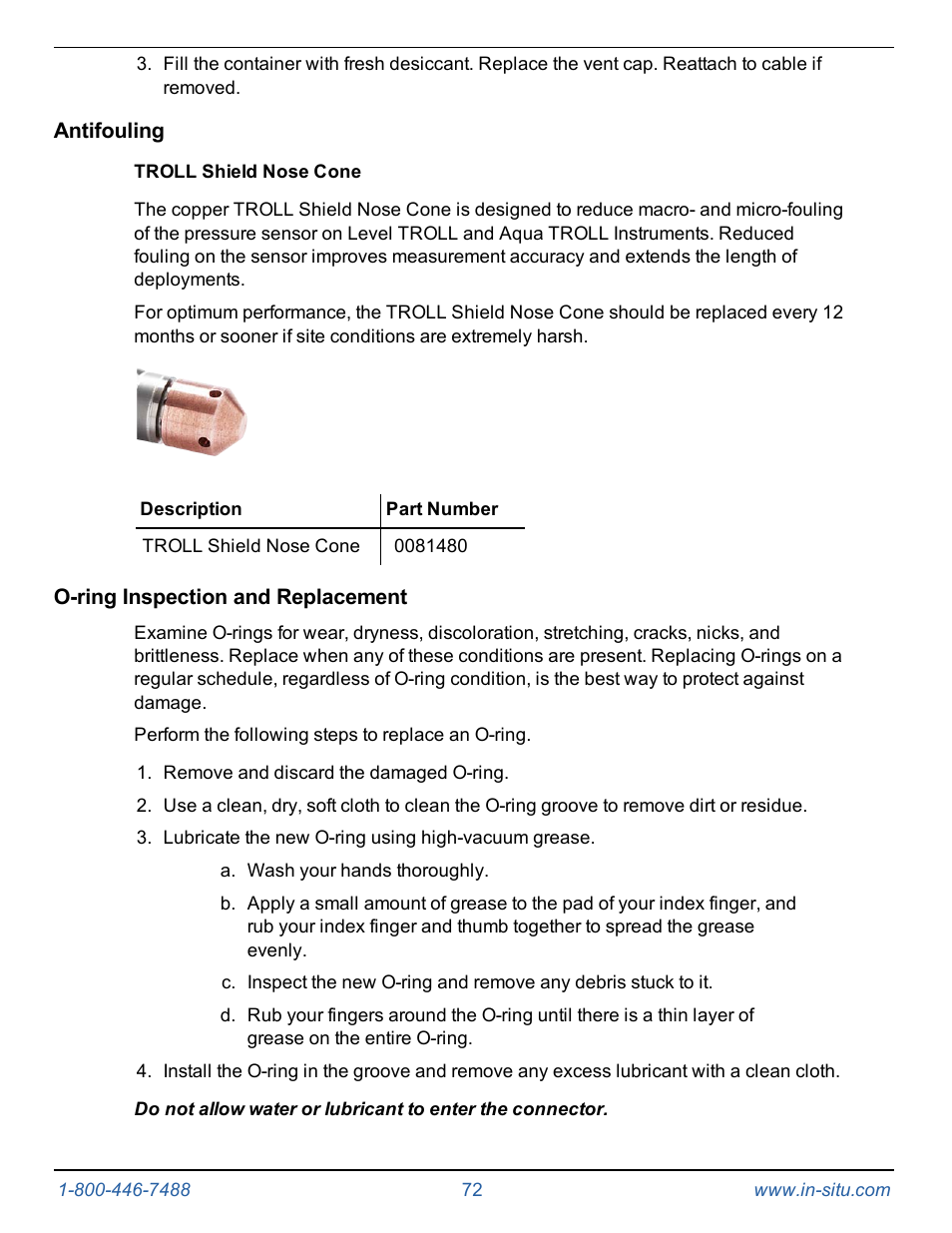 Antifouling, Troll shield nose cone, O-ring inspection and replacement | In-Situ Level TROLL 400/500/700/700H Operators Manual User Manual | Page 72 / 83