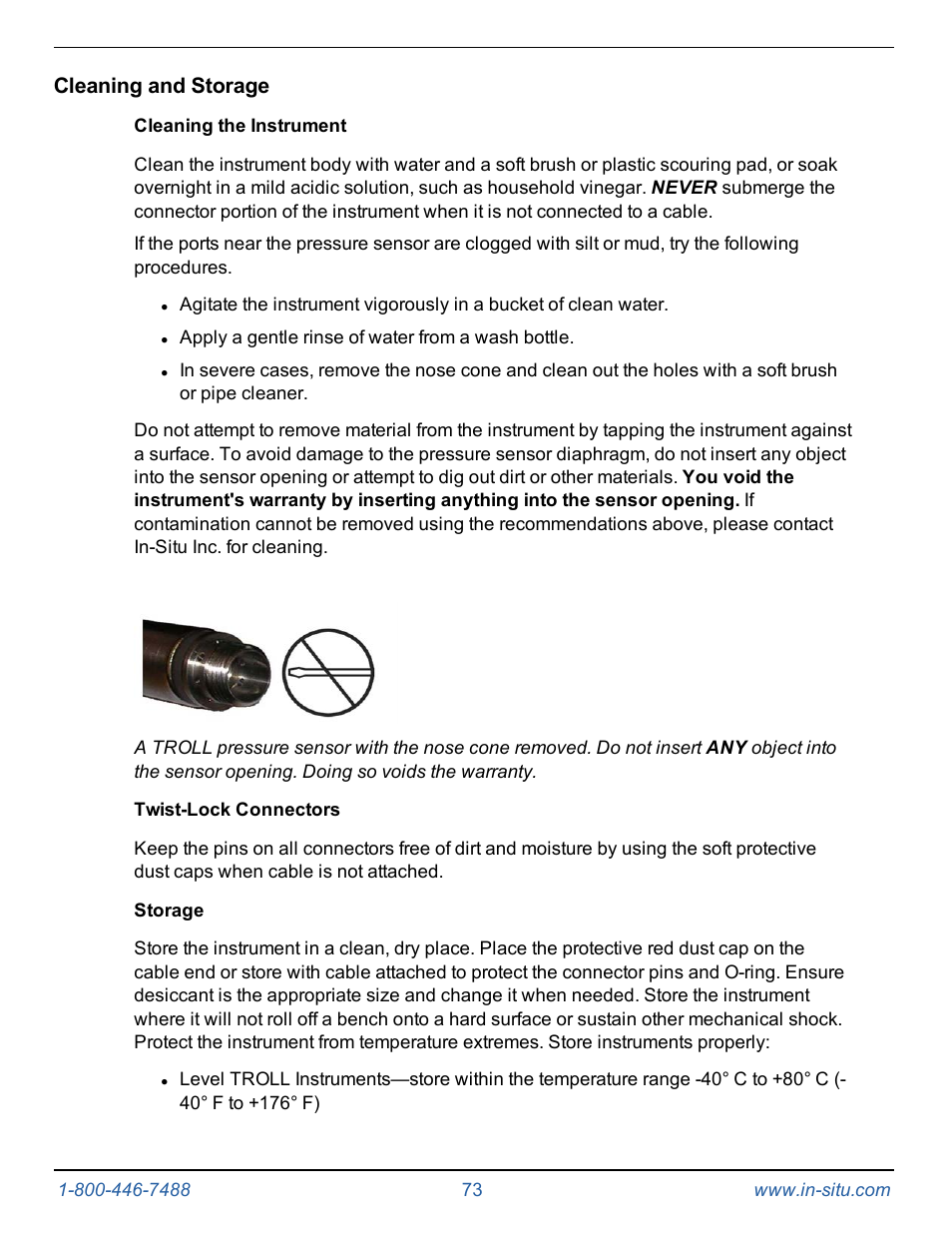 Cleaning and storage, Cleaning the instrument, Twist-lock connectors | Storage | In-Situ Level TROLL 400/500/700/700H Operators Manual User Manual | Page 73 / 83