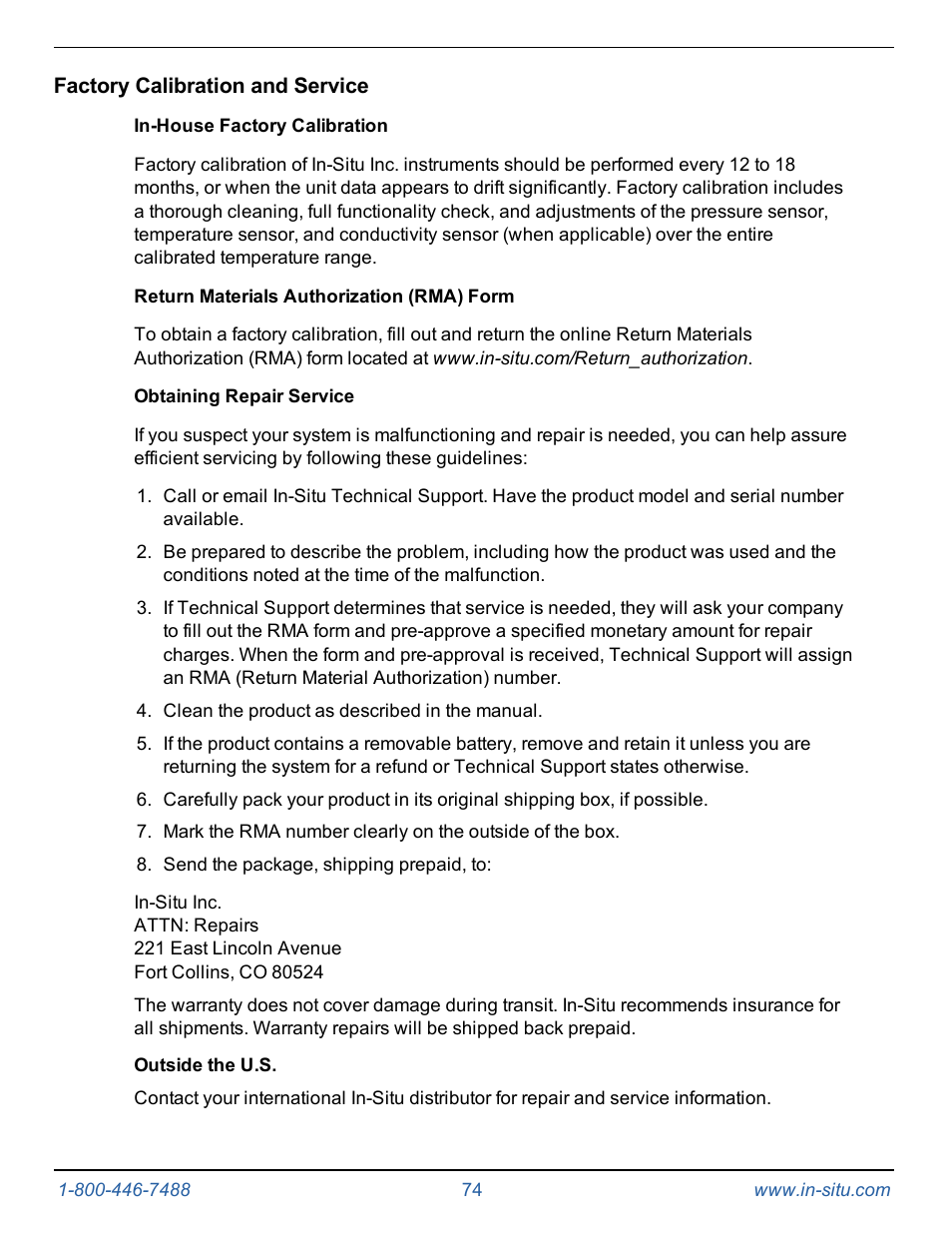 Factory calibration and service, In-house factory calibration, Return materials authorization (rma) form | Obtaining repair service | In-Situ Level TROLL 400/500/700/700H Operators Manual User Manual | Page 74 / 83