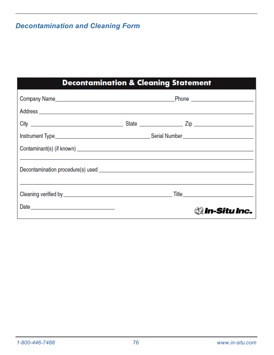 11 decontamination and cleaning form, Decontamination and cleaning form | In-Situ Level TROLL 400/500/700/700H Operators Manual User Manual | Page 76 / 83