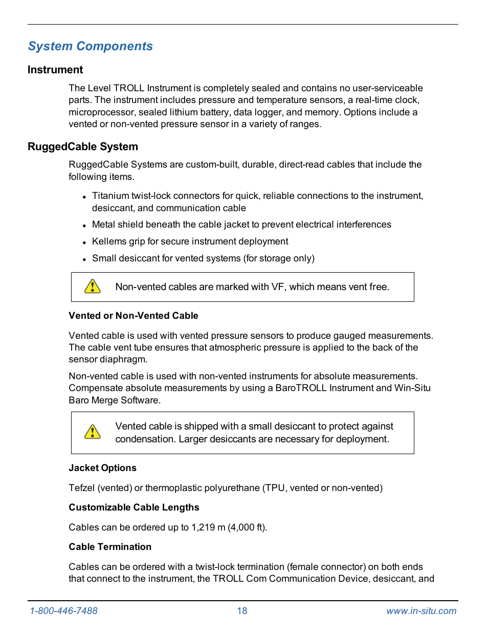 4 system components, Instrument, Ruggedcable system | Vented or non-vented cable, Jacket options, Customizable cable lengths, Cable termination, System components | In-Situ Level TROLL 300/500/700/BaroTROLL Operators Manual User Manual | Page 18 / 84