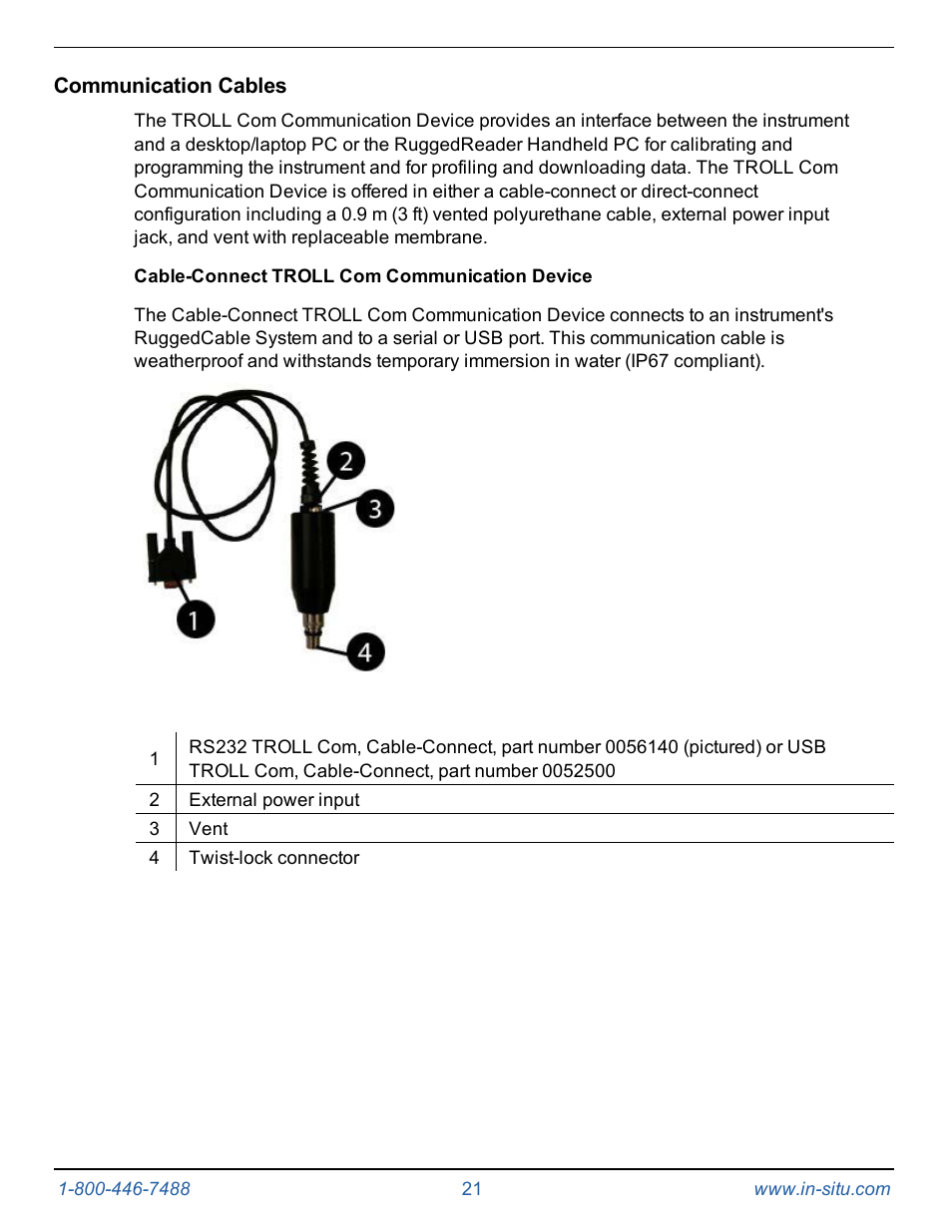 Communication cables, Cable-connect troll com communication device | In-Situ Level TROLL 300/500/700/BaroTROLL Operators Manual User Manual | Page 21 / 84