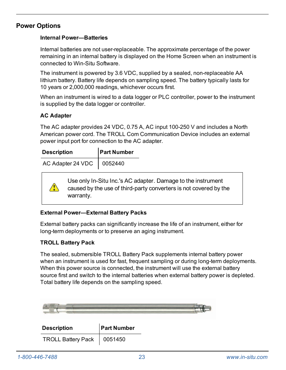 Power options, Internal power—batteries, Ac adapter | External power—external battery packs, Troll battery pack | In-Situ Level TROLL 300/500/700/BaroTROLL Operators Manual User Manual | Page 23 / 84