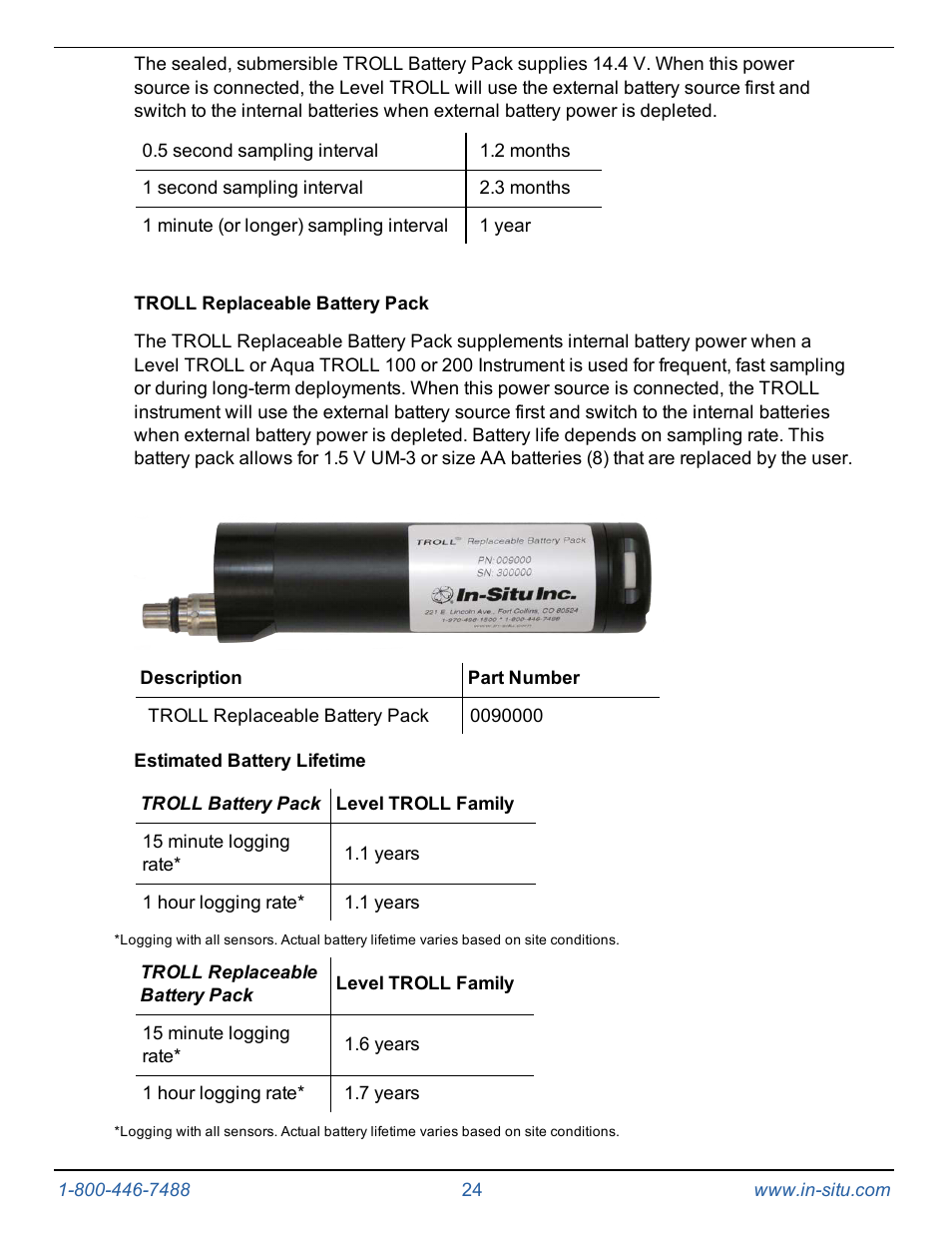 Troll replaceable battery pack, Estimated battery lifetime | In-Situ Level TROLL 300/500/700/BaroTROLL Operators Manual User Manual | Page 24 / 84