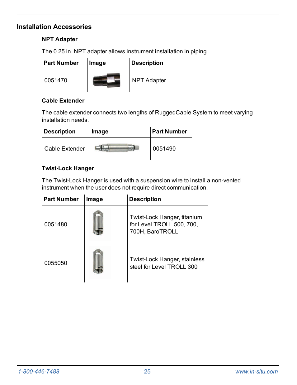 Installation accessories, Npt adapter, Cable extender | Twist-lock hanger | In-Situ Level TROLL 300/500/700/BaroTROLL Operators Manual User Manual | Page 25 / 84