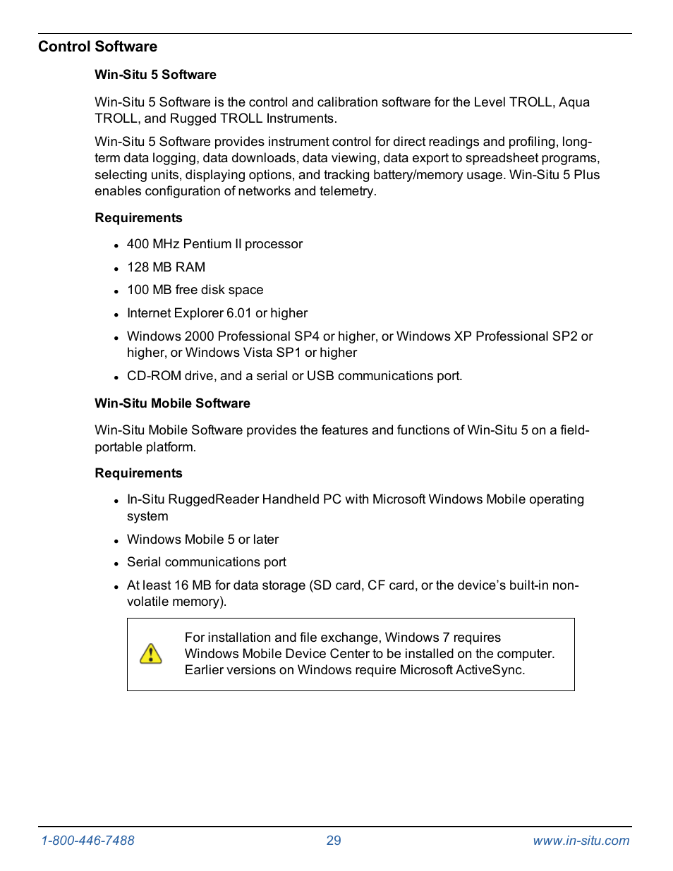 Control software, Win-situ 5 software, Win-situ mobile software | In-Situ Level TROLL 300/500/700/BaroTROLL Operators Manual User Manual | Page 29 / 84