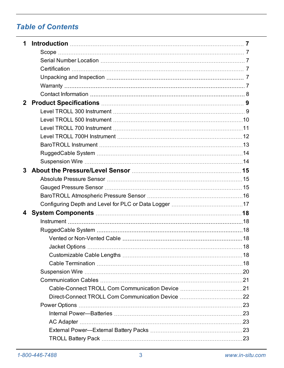 In-Situ Level TROLL 300/500/700/BaroTROLL Operators Manual User Manual | Page 3 / 84