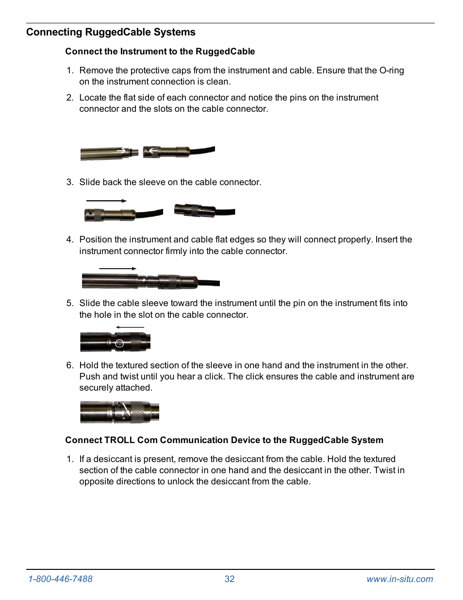 Connecting ruggedcable systems, Connect the instrument to the ruggedcable | In-Situ Level TROLL 300/500/700/BaroTROLL Operators Manual User Manual | Page 32 / 84