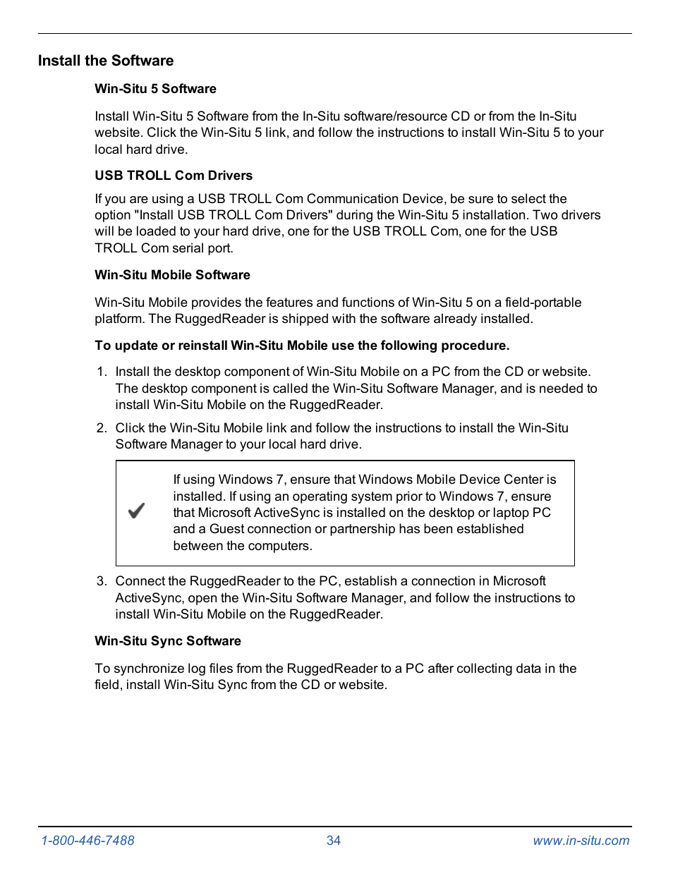 Install the software, Win-situ 5 software, Win-situ mobile software | Win-situ sync software | In-Situ Level TROLL 300/500/700/BaroTROLL Operators Manual User Manual | Page 34 / 84