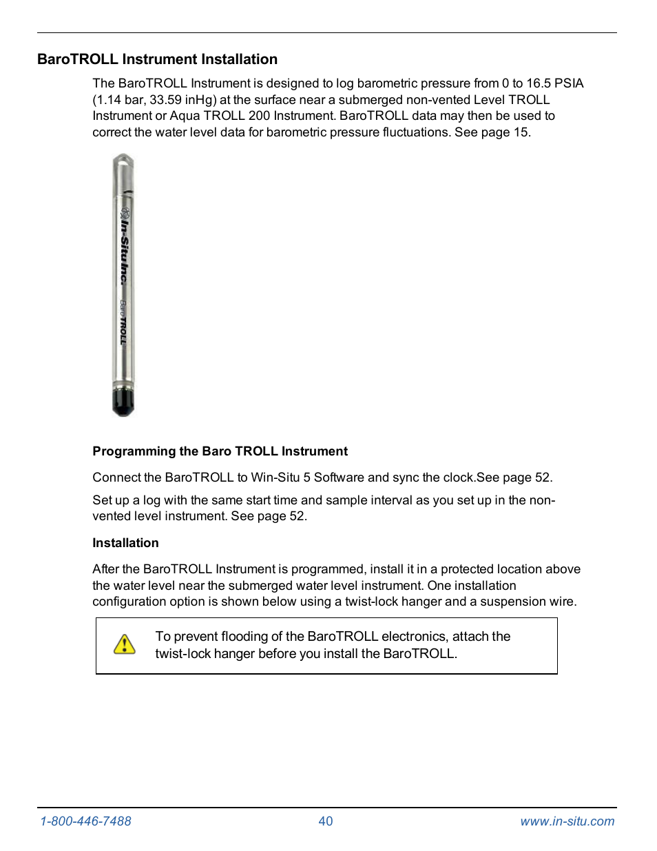 Barotroll instrument installation, Programming the baro troll instrument, Installation | In-Situ Level TROLL 300/500/700/BaroTROLL Operators Manual User Manual | Page 40 / 84