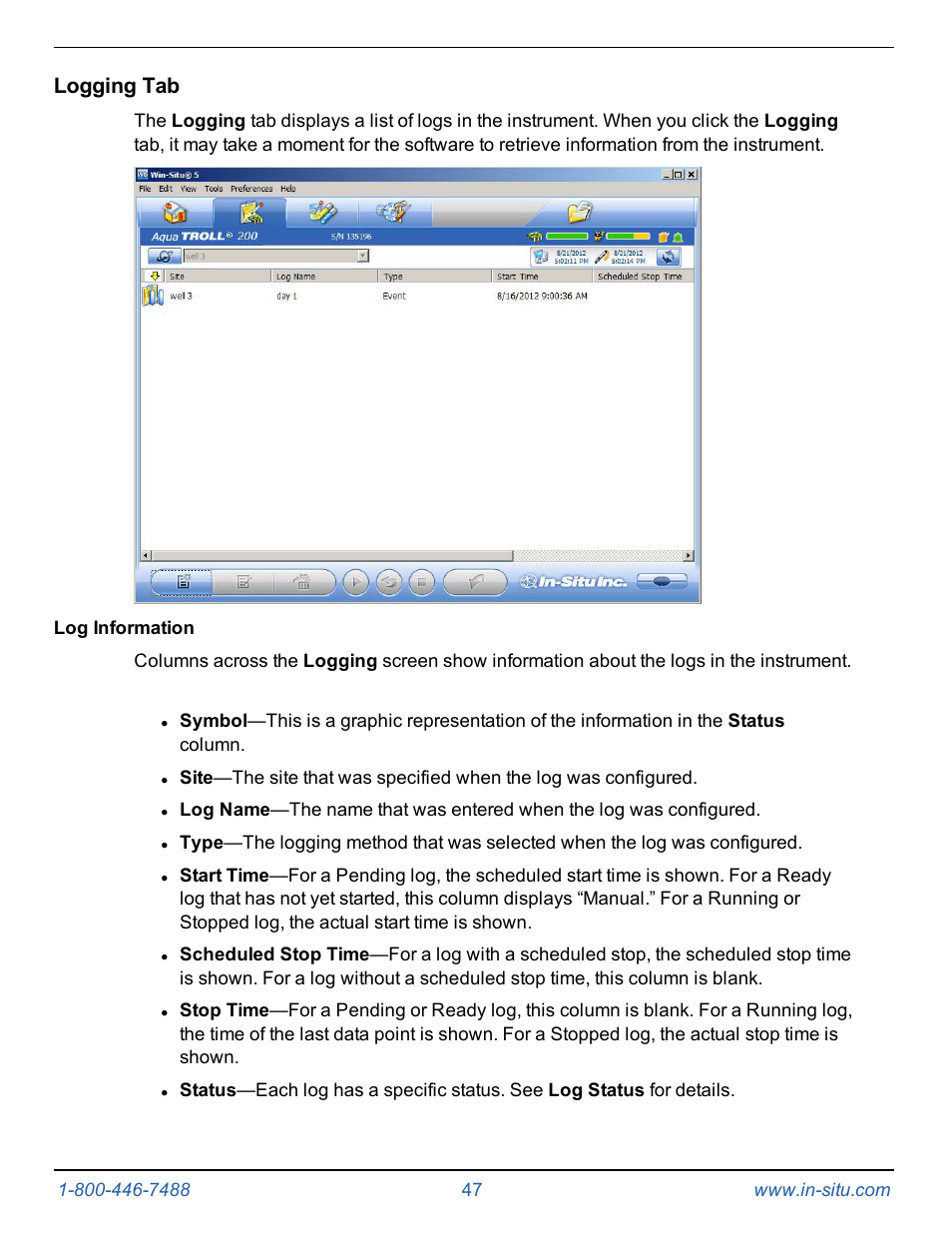 Logging tab | In-Situ Level TROLL 300/500/700/BaroTROLL Operators Manual User Manual | Page 47 / 84