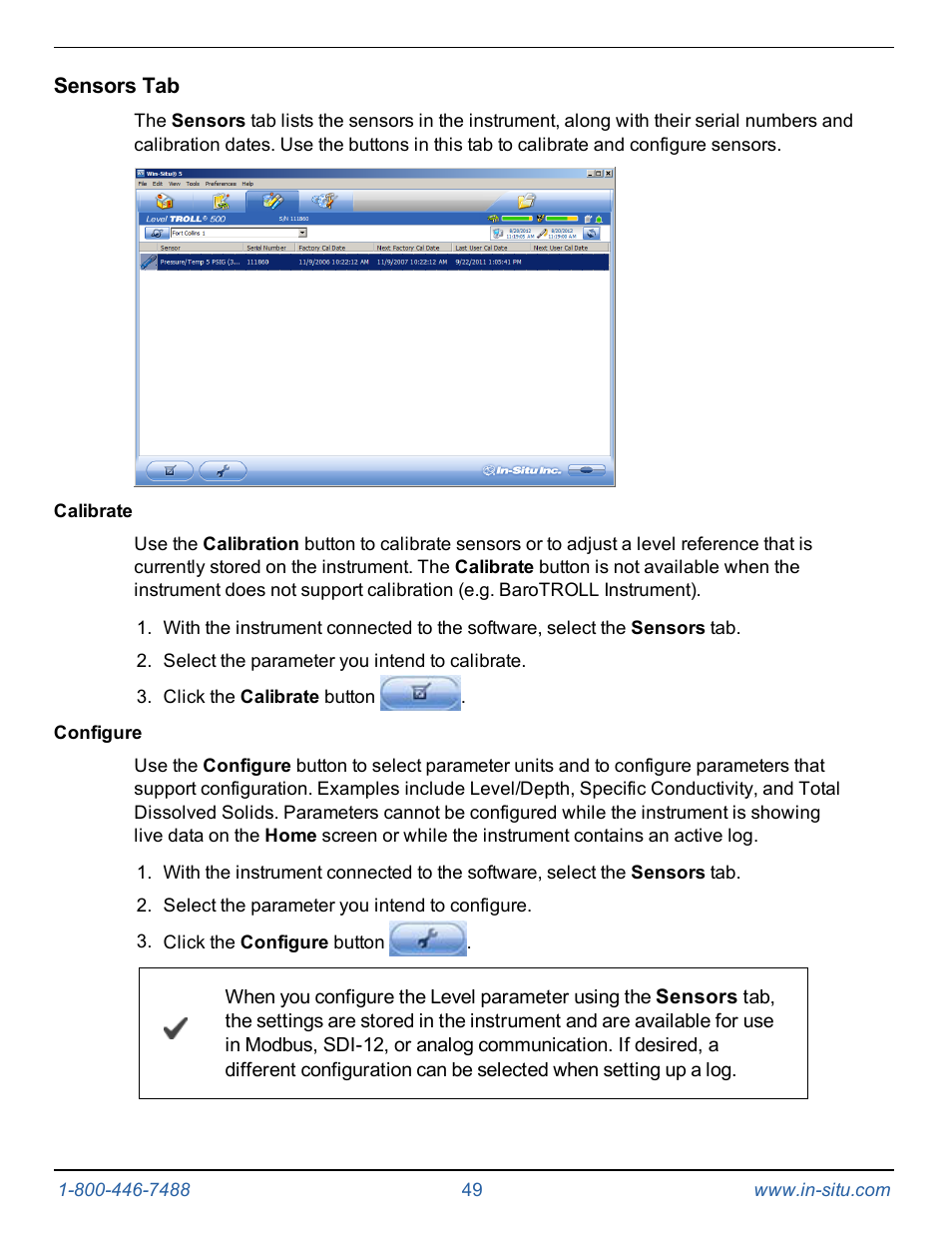 Sensors tab | In-Situ Level TROLL 300/500/700/BaroTROLL Operators Manual User Manual | Page 49 / 84