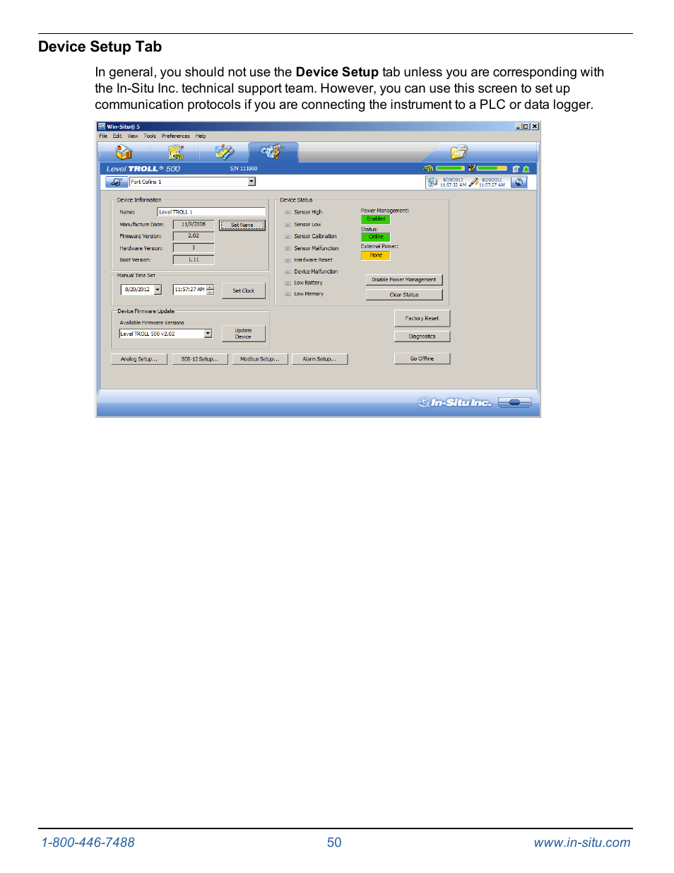 Device setup tab | In-Situ Level TROLL 300/500/700/BaroTROLL Operators Manual User Manual | Page 50 / 84