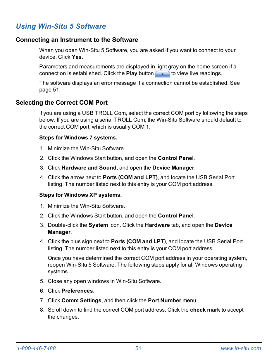 8 using win-situ 5 software, Connecting an instrument to the software, Selecting the correct com port | Using win-situ 5 software | In-Situ Level TROLL 300/500/700/BaroTROLL Operators Manual User Manual | Page 51 / 84