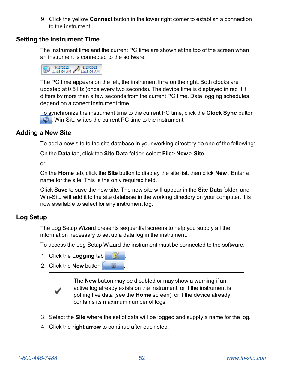 Setting the instrument time, Adding a new site, Log setup | In-Situ Level TROLL 300/500/700/BaroTROLL Operators Manual User Manual | Page 52 / 84