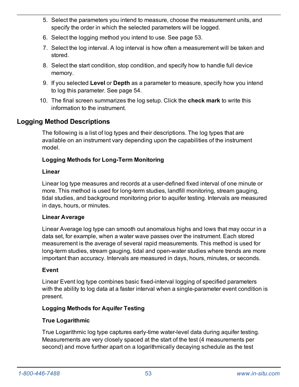 Logging method descriptions, Logging methods for long-term monitoring, Linear | Linear average, Event, Logging methods for aquifer testing, True logarithmic | In-Situ Level TROLL 300/500/700/BaroTROLL Operators Manual User Manual | Page 53 / 84