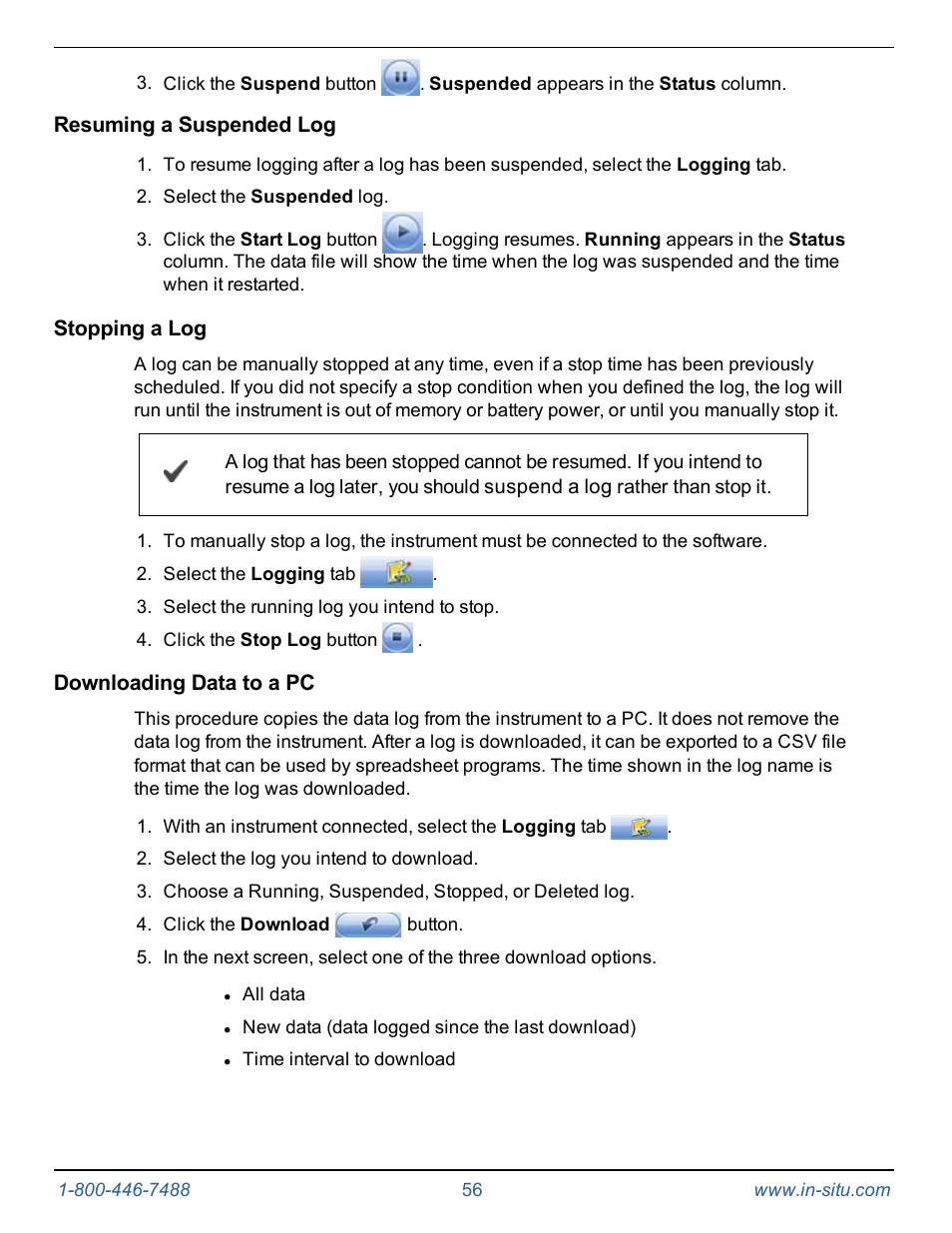 Resuming a suspended log, Stopping a log, Downloading data to a pc | In-Situ Level TROLL 300/500/700/BaroTROLL Operators Manual User Manual | Page 56 / 84