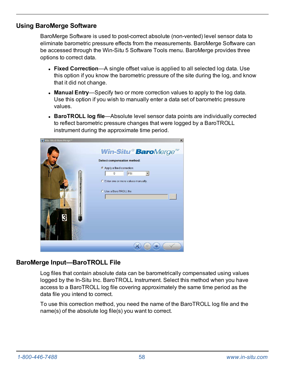 Using baromerge software, Baromerge input—barotroll file | In-Situ Level TROLL 300/500/700/BaroTROLL Operators Manual User Manual | Page 58 / 84
