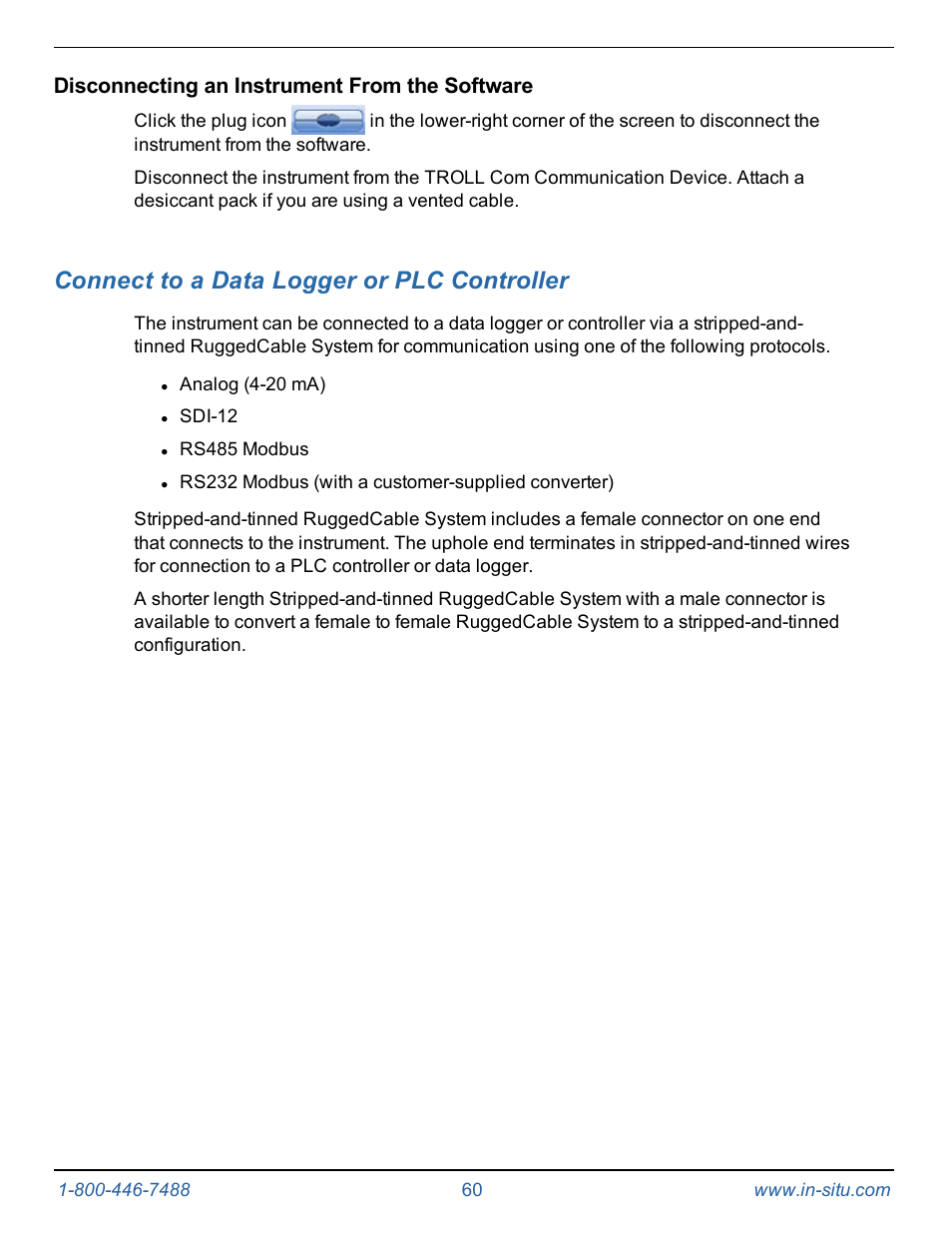 Disconnecting an instrument from the software, 9 connect to a data logger or plc controller, Connect to a data logger or plc controller | In-Situ Level TROLL 300/500/700/BaroTROLL Operators Manual User Manual | Page 60 / 84