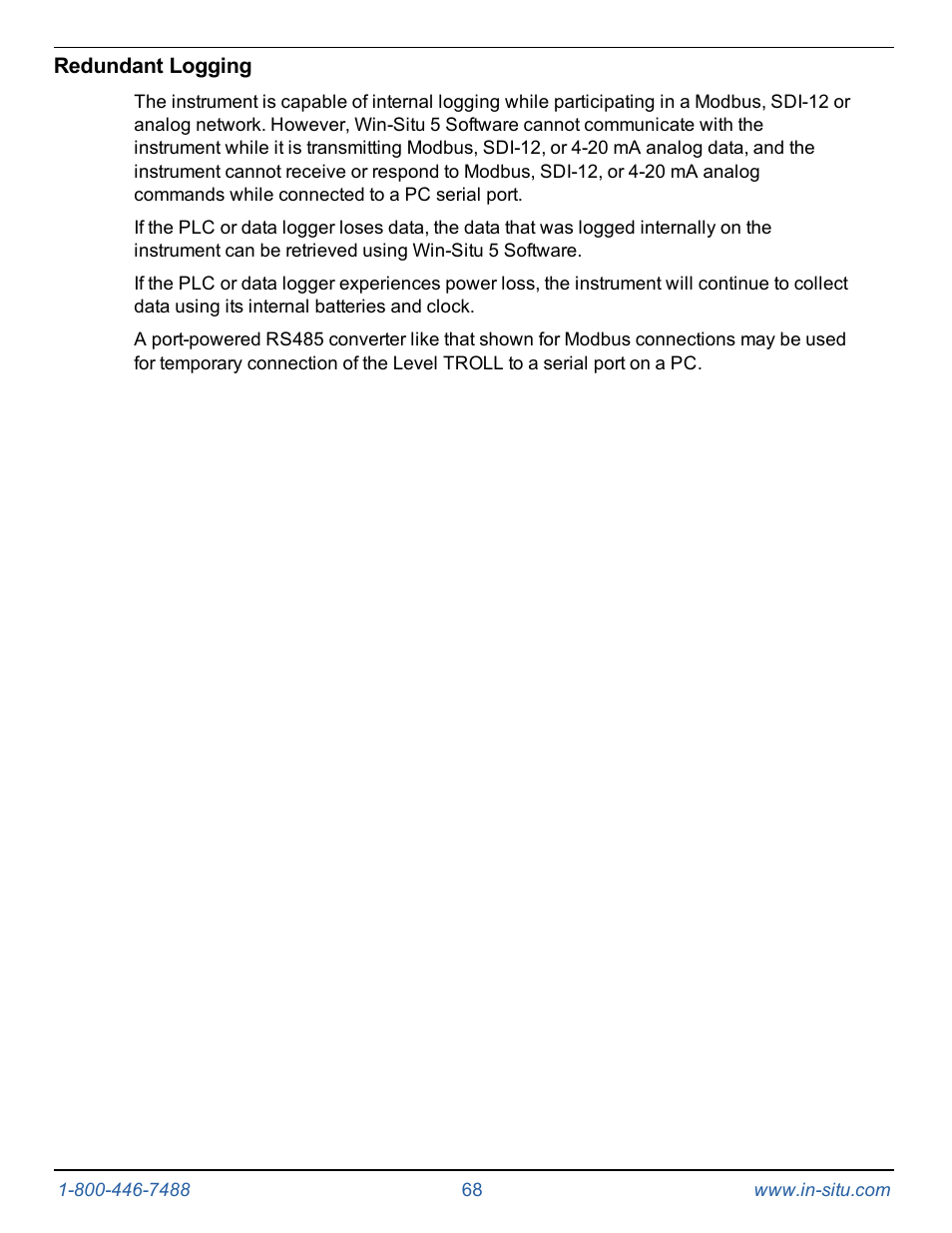 Redundant logging | In-Situ Level TROLL 300/500/700/BaroTROLL Operators Manual User Manual | Page 68 / 84