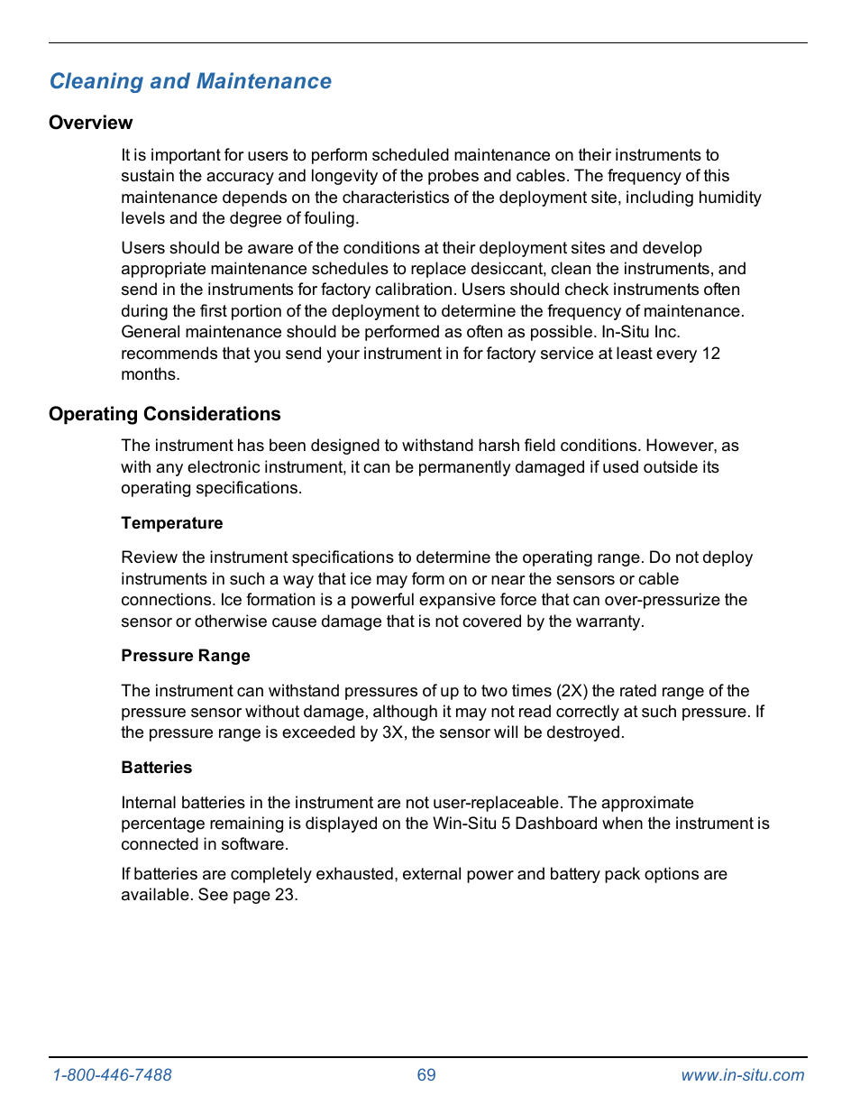 10 cleaning and maintenance, Overview, Operating considerations | Temperature, Pressure range, Batteries, Cleaning and maintenance | In-Situ Level TROLL 300/500/700/BaroTROLL Operators Manual User Manual | Page 69 / 84