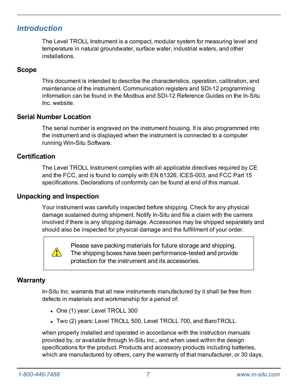 1 introduction, Scope, Serial number location | Certification, Unpacking and inspection, Warranty, Introduction | In-Situ Level TROLL 300/500/700/BaroTROLL Operators Manual User Manual | Page 7 / 84