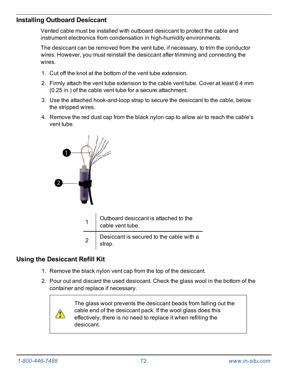 Installing outboard desiccant, Using the desiccant refill kit | In-Situ Level TROLL 300/500/700/BaroTROLL Operators Manual User Manual | Page 72 / 84