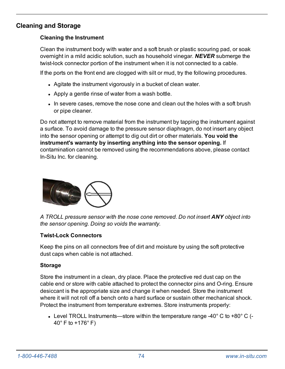 Cleaning and storage, Cleaning the instrument, Twist-lock connectors | Storage | In-Situ Level TROLL 300/500/700/BaroTROLL Operators Manual User Manual | Page 74 / 84