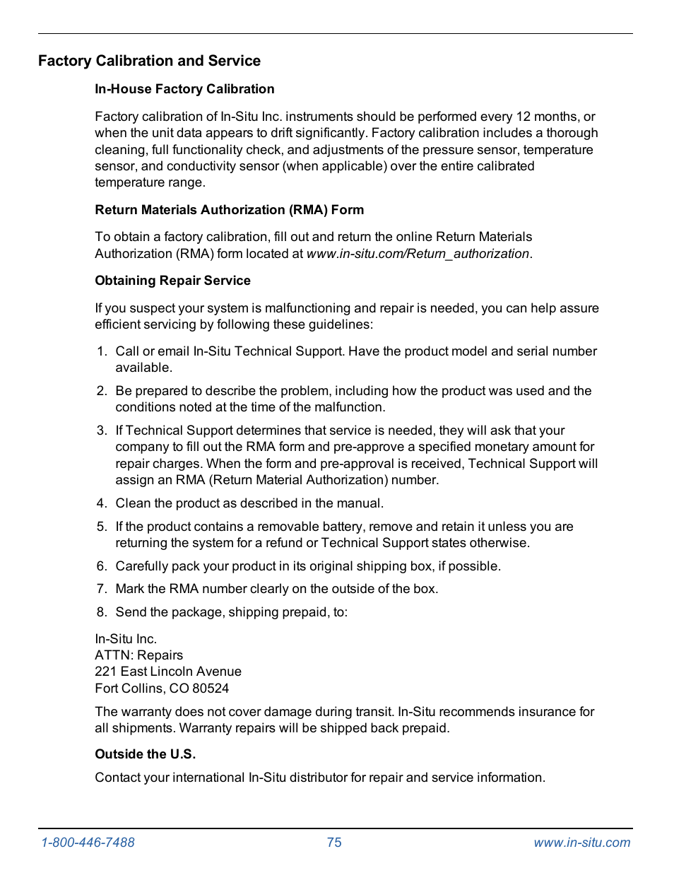 Factory calibration and service, In-house factory calibration, Return materials authorization (rma) form | Obtaining repair service | In-Situ Level TROLL 300/500/700/BaroTROLL Operators Manual User Manual | Page 75 / 84