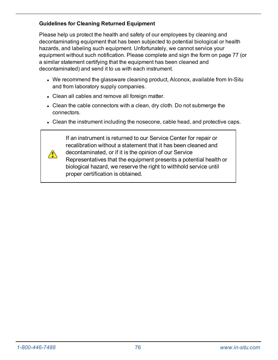 Guidelines for cleaning returned equipment | In-Situ Level TROLL 300/500/700/BaroTROLL Operators Manual User Manual | Page 76 / 84