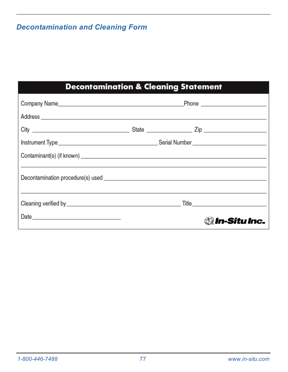 11 decontamination and cleaning form, Decontamination and cleaning form | In-Situ Level TROLL 300/500/700/BaroTROLL Operators Manual User Manual | Page 77 / 84