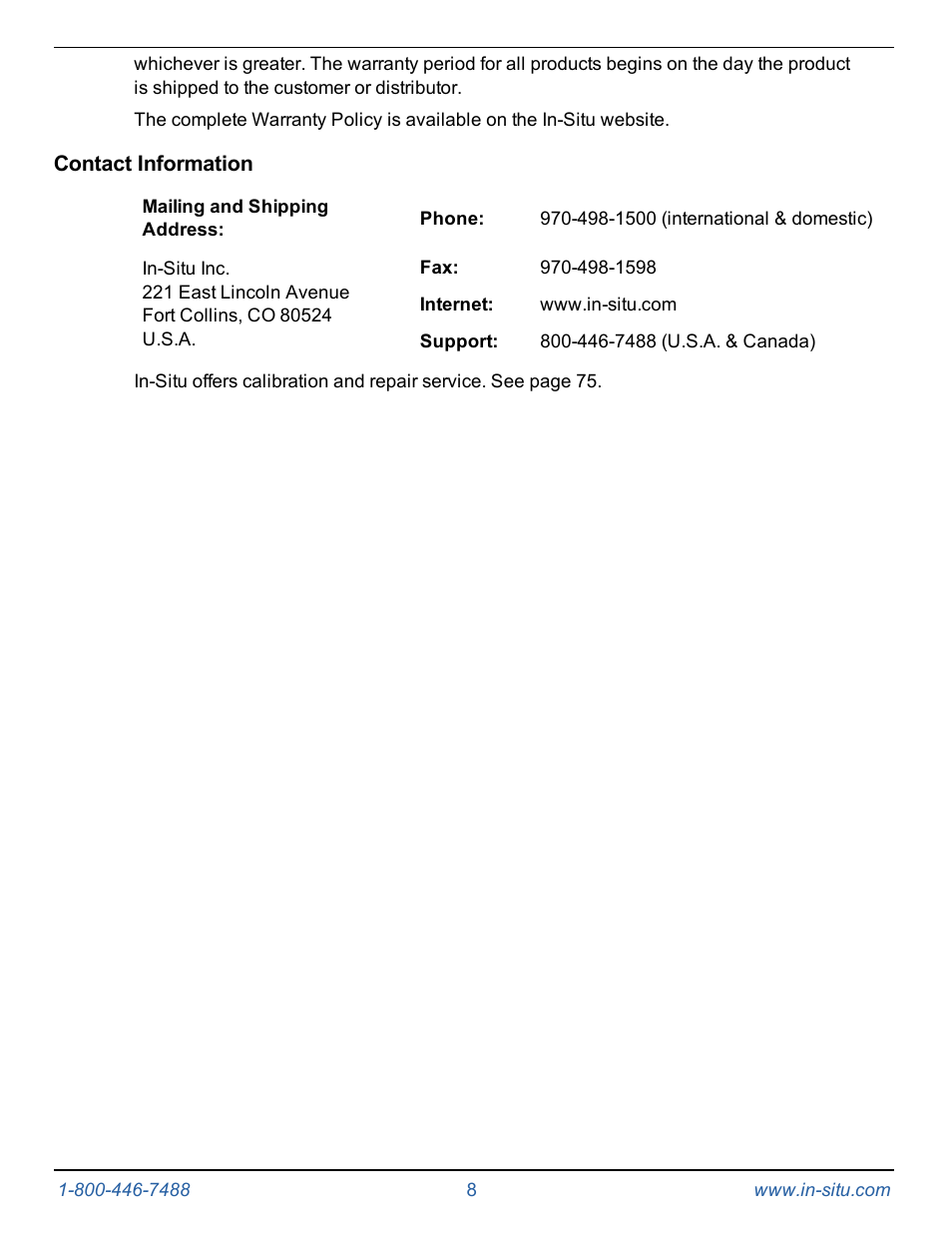 Contact information | In-Situ Level TROLL 300/500/700/BaroTROLL Operators Manual User Manual | Page 8 / 84