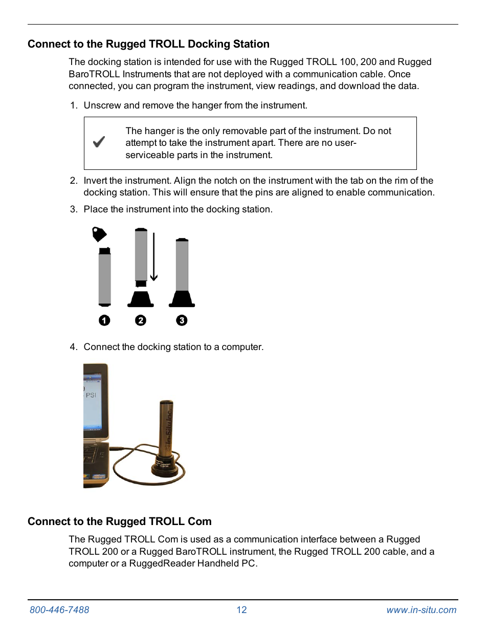 Connect to the rugged troll docking station, Connect to the rugged troll com | In-Situ Rugged TROLL 100/200 Operators Manual User Manual | Page 12 / 46