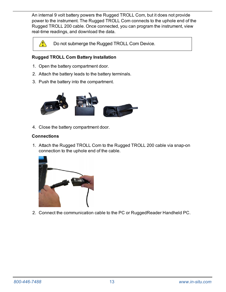 Rugged troll com battery installation, Connections | In-Situ Rugged TROLL 100/200 Operators Manual User Manual | Page 13 / 46