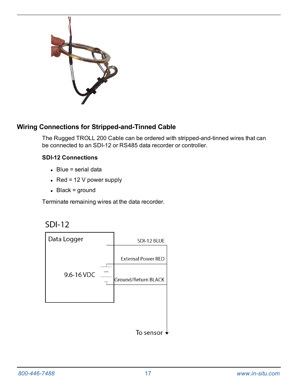 Wiring connections for stripped-and-tinned cable, Sdi-12 connections | In-Situ Rugged TROLL 100/200 Operators Manual User Manual | Page 17 / 46