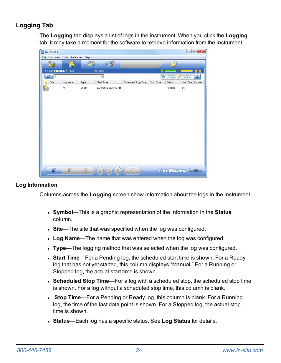 Logging tab | In-Situ Rugged TROLL 100/200 Operators Manual User Manual | Page 24 / 46