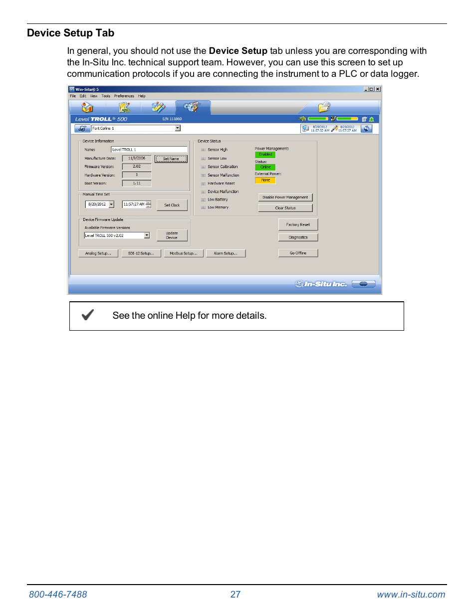 Device setup tab | In-Situ Rugged TROLL 100/200 Operators Manual User Manual | Page 27 / 46