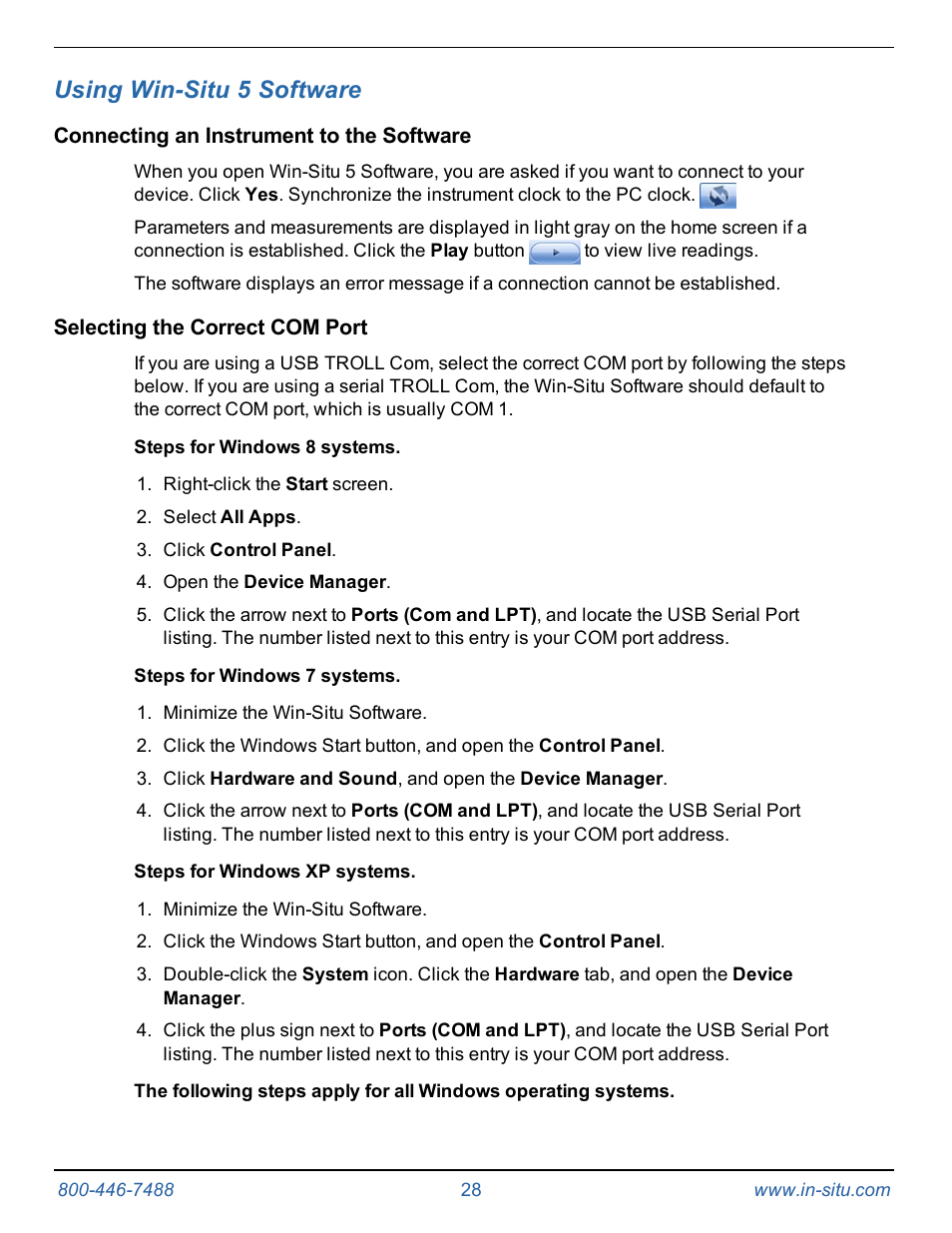 7 using win-situ 5 software, Connecting an instrument to the software, Selecting the correct com port | Using win-situ 5 software | In-Situ Rugged TROLL 100/200 Operators Manual User Manual | Page 28 / 46