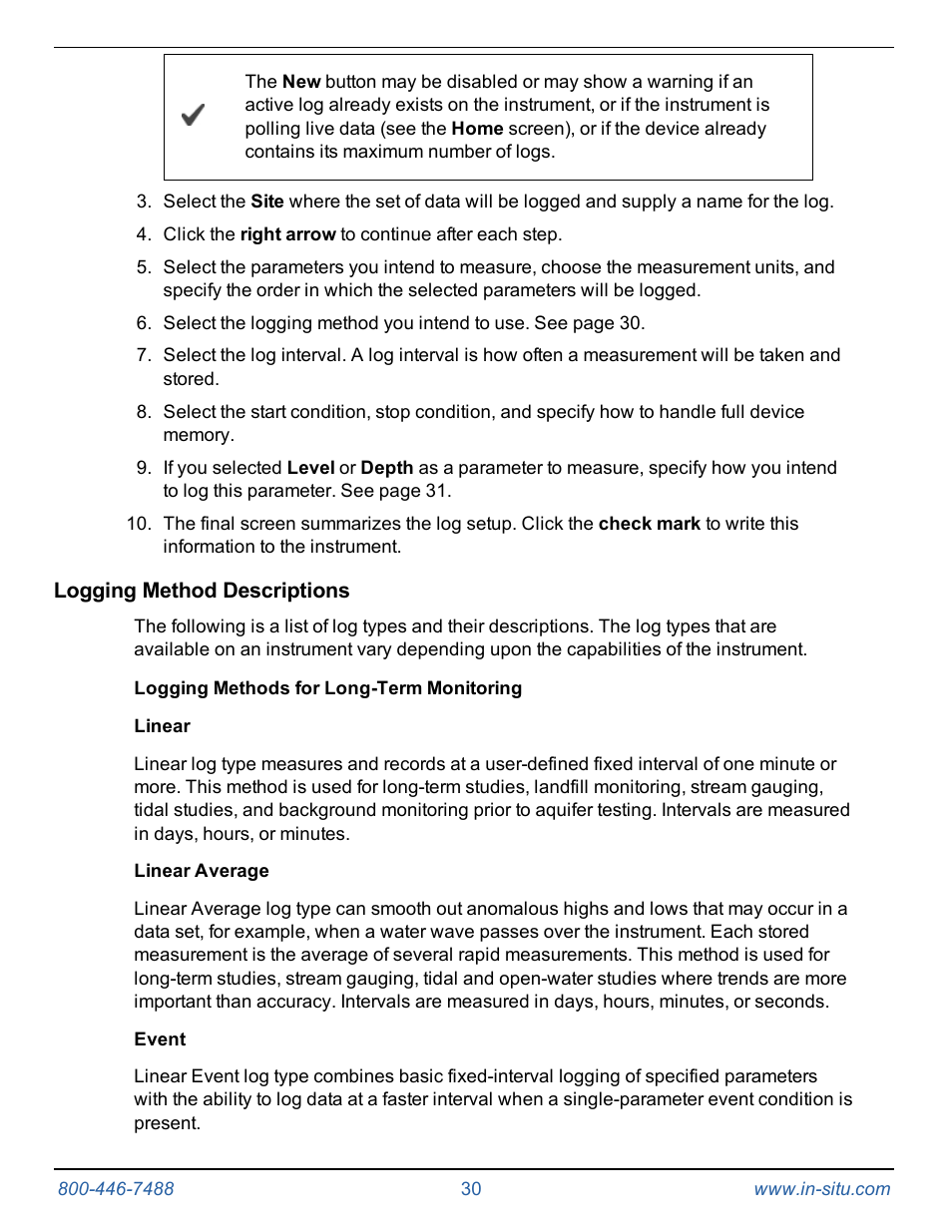 Logging method descriptions, Logging methods for long-term monitoring, Linear | Linear average, Event | In-Situ Rugged TROLL 100/200 Operators Manual User Manual | Page 30 / 46