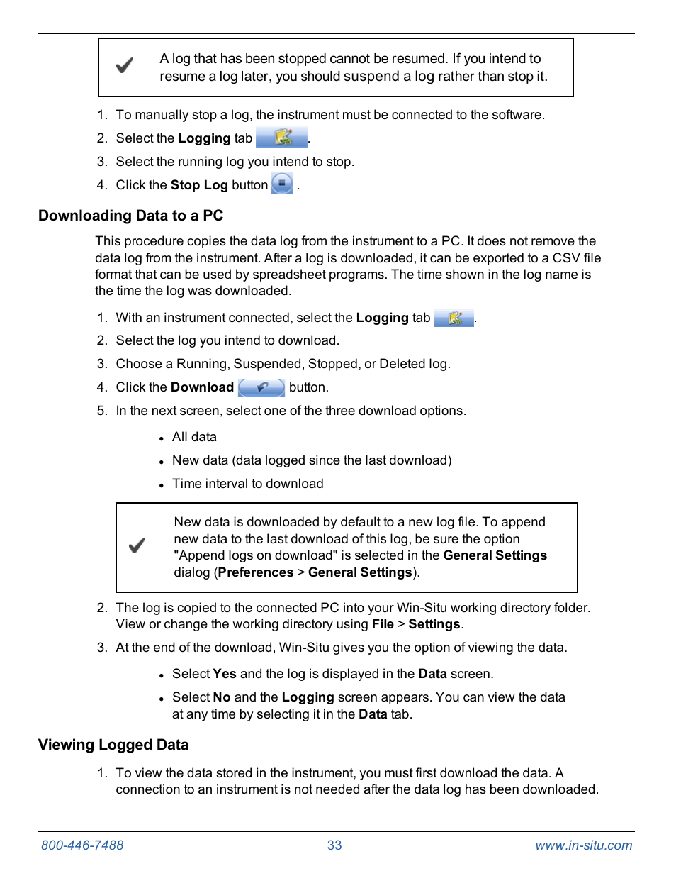 Downloading data to a pc, Viewing logged data | In-Situ Rugged TROLL 100/200 Operators Manual User Manual | Page 33 / 46