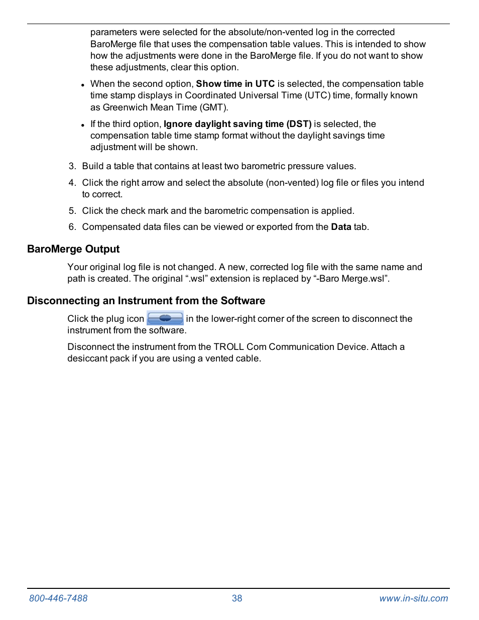 Baromerge output, Disconnecting an instrument from the software | In-Situ Rugged TROLL 100/200 Operators Manual User Manual | Page 38 / 46